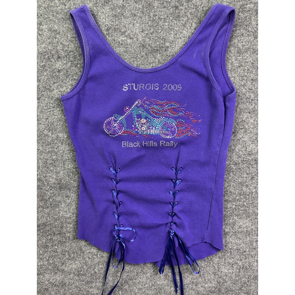 Biker Design Tank Top Womens M Purple Sturgis 2009 Rhinestone Lace Up Corset